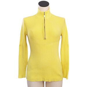 Boston Proper Women's Yellow Ribbed Knit Quarter Zip Mock Neck Sweater M Trendy